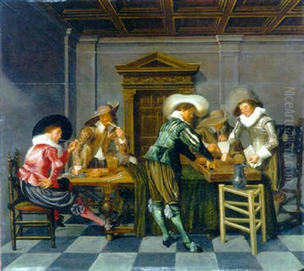 Elegant Figures Smoking, Drinking And Playing Tric-trac At Two Tables In An Interior Oil Painting by Dirck Hals