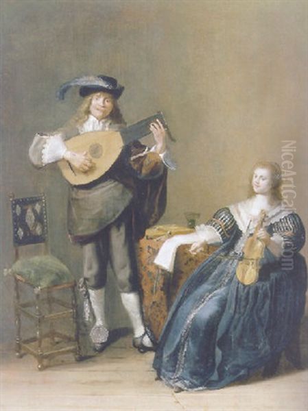 An Allegory Of Love-a Young Man Playing A Lute And A Young Woman Playing A Violin Oil Painting by Dirck Hals