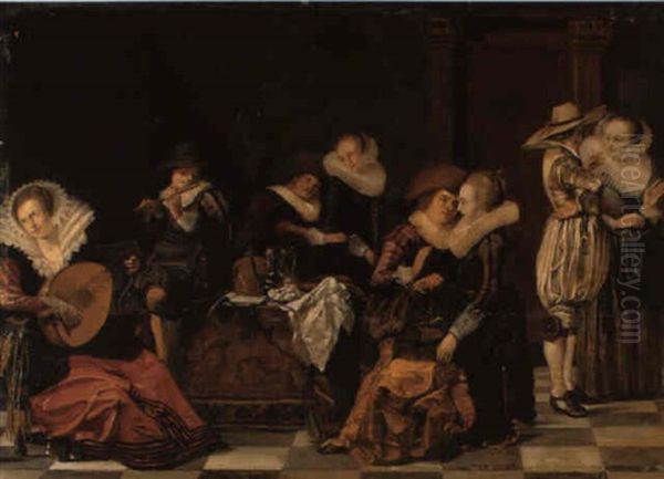 Elegant Company Making Music And Conversing In An Interior Oil Painting by Dirck Hals