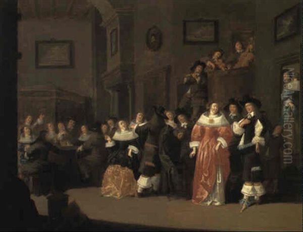 Elegant Figures Gaming And Dancing To Music Played In Boudoir Gallery Oil Painting by Dirck Hals