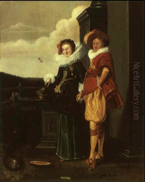 Elegant Couple Setting Out For A Promenade In A Garden Oil Painting by Dirck Hals