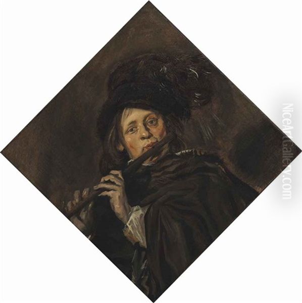 A Young Man Playing A Flute Oil Painting by Frans Hals