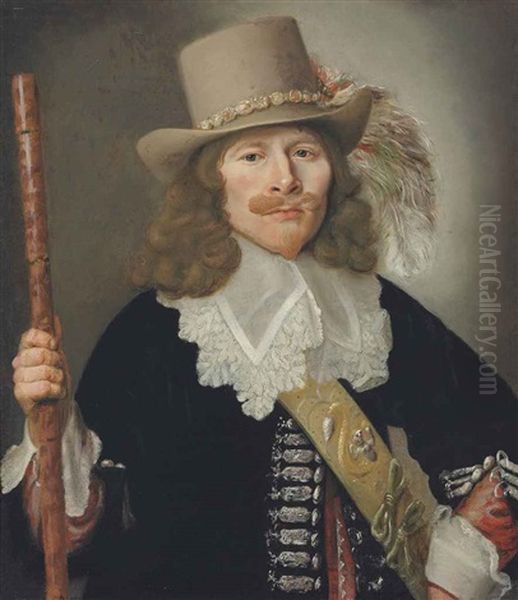 Portrait Of A Man, Half-length, In A Black Frock With Embroidered Frogging, A Sash, A Lace Collar And A Plumed Hat, Holding A Staff Oil Painting by Frans Hals