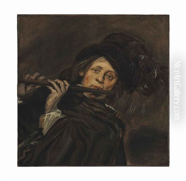 A Young Man Playing A Flute Oil Painting by Frans Hals