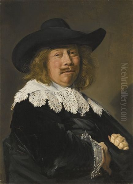 Portrait Of A Gentleman, Half-length In Black With Lace Collar And Cuffs, And Wearing A Broad-brimmed Black Hat Oil Painting by Frans Hals