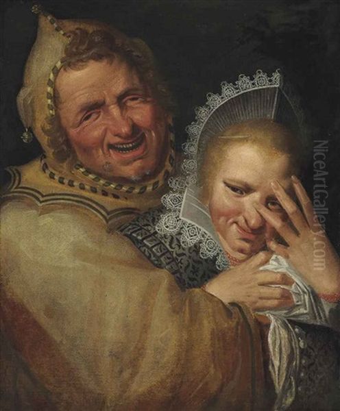 A Jester Embracing A Young Woman Oil Painting by Frans Hals