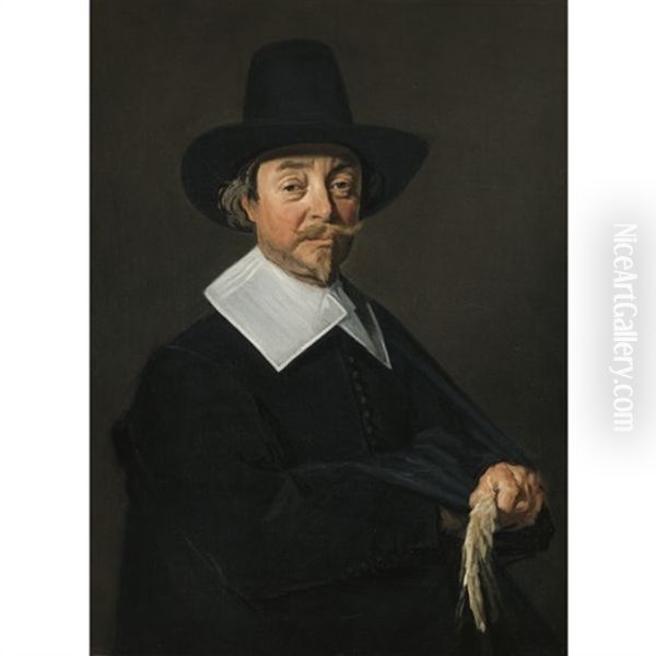 Portrait Of A Man, In Black, Wearing A Hat And Holding A Pair Of Gloves Oil Painting by Frans Hals