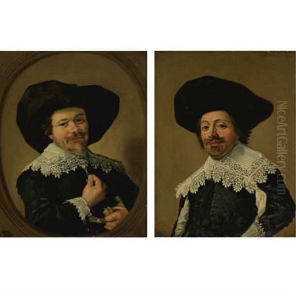 Portrait Of A Man Pulling On The Tassels Of His Collar (+ Portrait Of A Man With A Broad-brimmed Hat; Pair) Oil Painting by Frans Hals