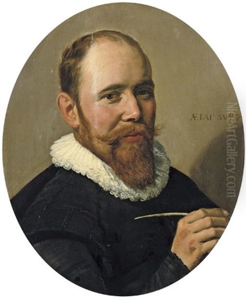 Portrait Of A Gentleman Holding A Pen (willem Warmondt?) Oil Painting by Frans Hals