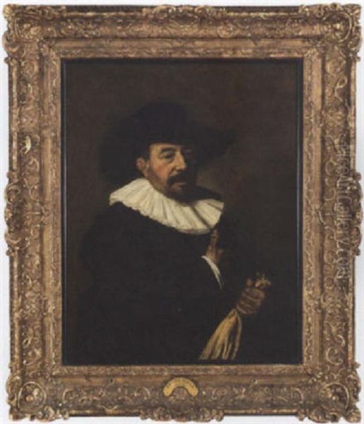 Portrait Of A Gentleman In A Black Coat And White Collar, Holding A Pair Of Gloves by Frans Hals