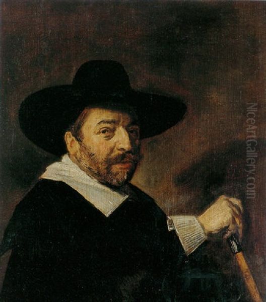 Portrait Of A Man Dressed In Black With A White Collar And Cuffs And Holding A Silver-topped Cane Oil Painting by Frans Hals