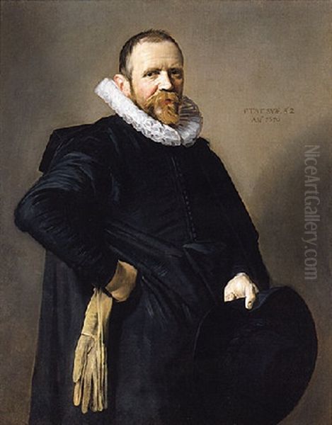 Portrait Of A Gentleman Wearing A Black Costume, A Lace Ruff, And Holding A Hat And Gloves Oil Painting by Frans Hals