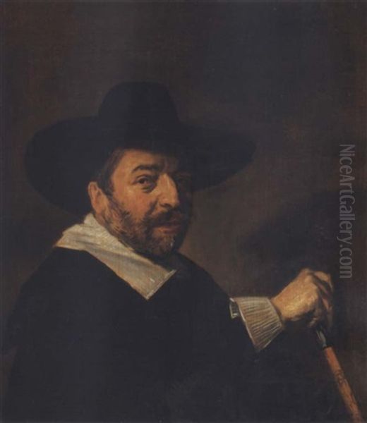 Portrait Of A Man Dressed In Black With A White Collar And Cuffs And Holding A Silver-topped Cane by Frans Hals