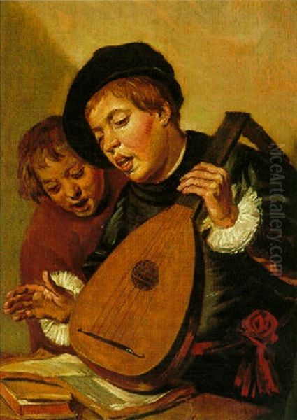 Two Boys Singing, One Holding A Lute Oil Painting by Frans Hals