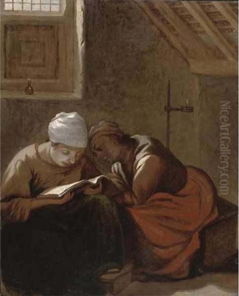 Two Women Reading In An Interior Oil Painting by Harmen Hals