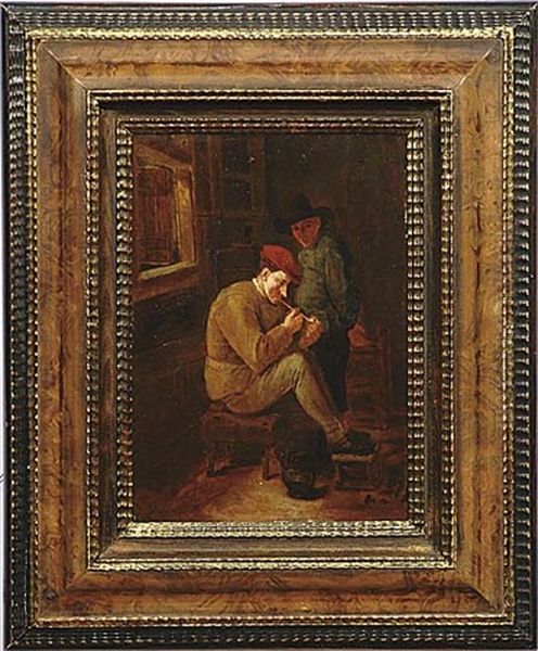 Peasant Interior With Boer Lighting Clay Pipe Oil Painting by Harmen Hals