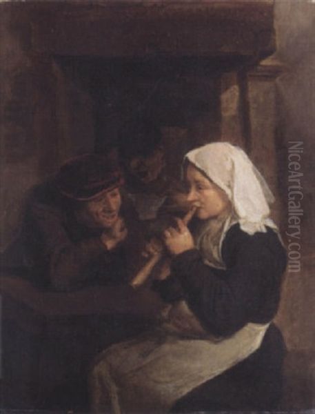 An Interior With Peasants Singing And A Woman Playing A Recorder Before A Fireplace Oil Painting by Harmen Hals