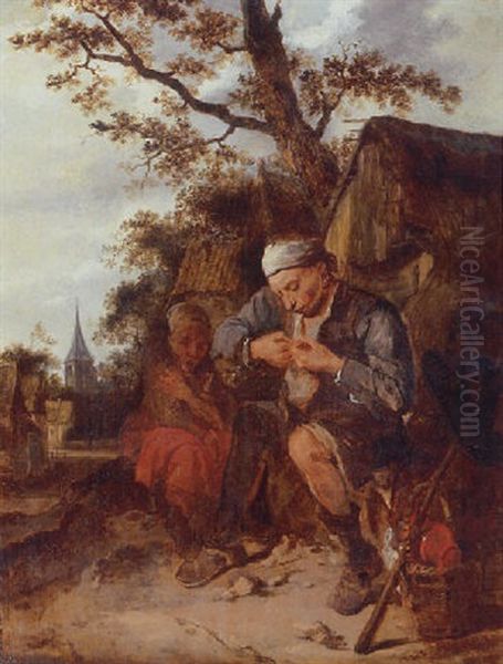 Peasants Seated Outside A Farmhouse Oil Painting by Harmen Hals