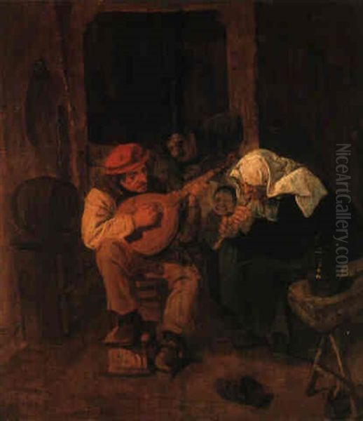 The Sense Of Hearing: Boors Making Music In A Tavern Oil Painting by Harmen Hals