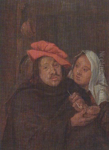 A Peasant Smoking With A Maid In An Interior Oil Painting by Johannes Fransz Hals