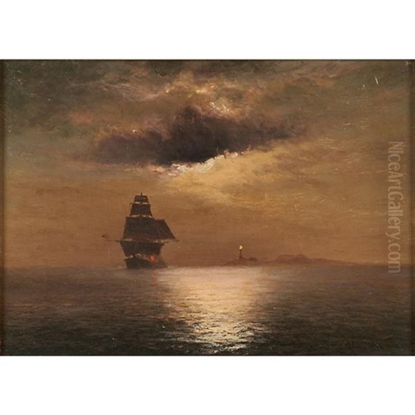 Moonlit Maritime Scene With Lighthouse Oil Painting by William Formby Halsall