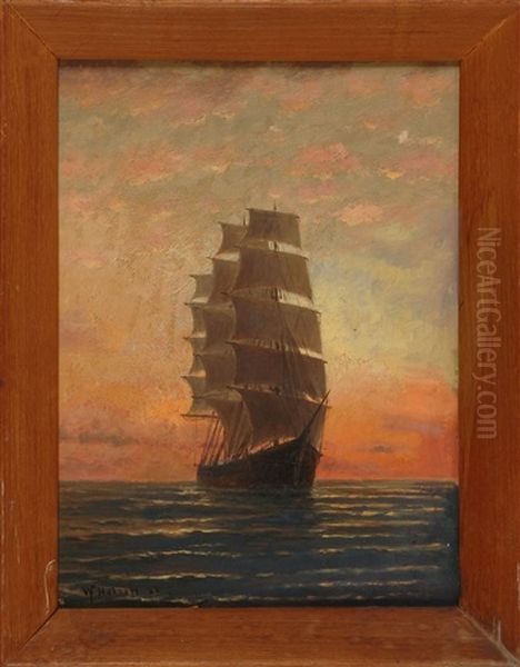 Full Rigged Ship Under Sunset Skies Oil Painting by William Formby Halsall