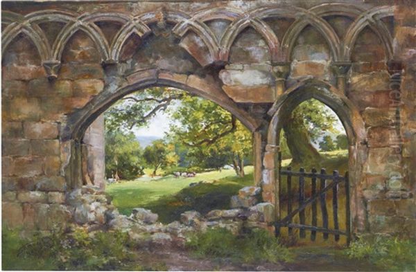 A Wooded Landscape With Cattle Seen Through Ruined Gothic Arches Oil Painting by Samuel Halstead