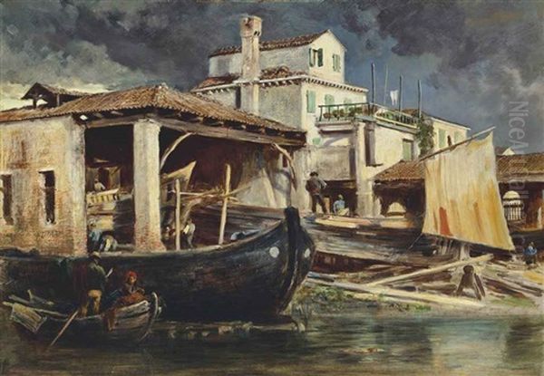 Boat Yard, Venice Oil Painting by Keeley Halswelle