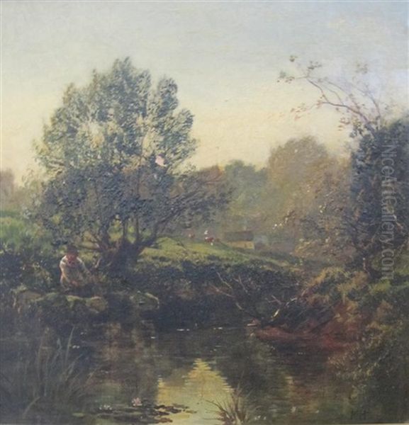 A Tranquil River Landscape With An Angler Fishing Oil Painting by Keeley Halswelle