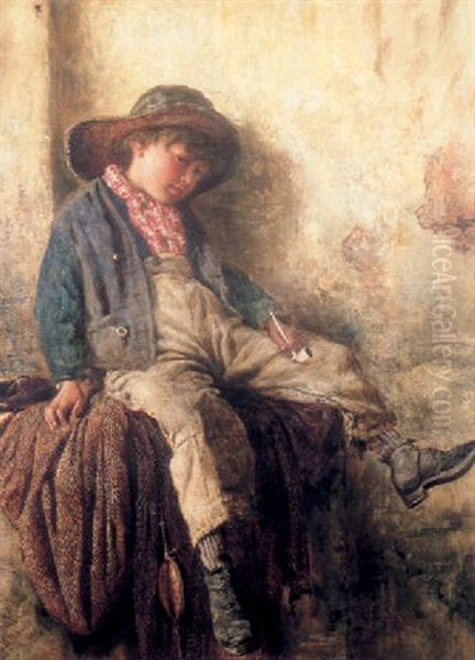 A Young Fisherboy Resting On A Net Oil Painting by Keeley Halswelle