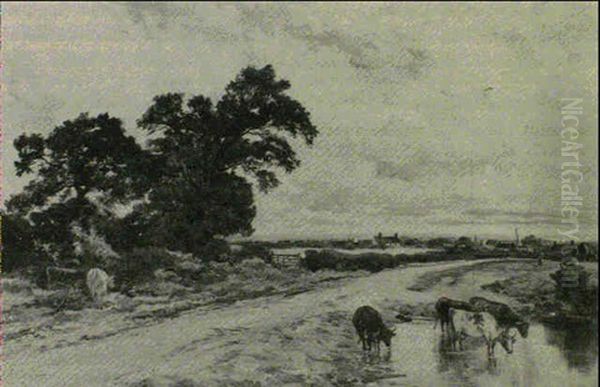 Cattle Watering Before A Village Oil Painting by Keeley Halswelle