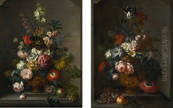 Two Still Lifes With Flowers In Sculpted Bronze Urns, Each Set Within A Stone Niche And Beside A Bunch Of Grapes Oil Painting by Johann Baptist Halszel