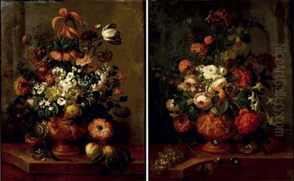 Bouquet De Fleurs Dans Un Vase De Terre (+ Nid D'oiseaux, Grappe De Raisins Sur Un Entablement; Pair) Oil Painting by Johann Baptist Halszel