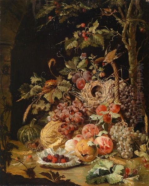 Ein Herbststillleben Mit Einem Kurbis, Fruchten Und Einem Vogelnest Oil Painting by Johann Baptist Halszel