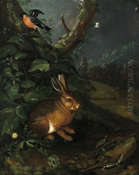 Ein Hase, Ein Dompfaff Und Eine Eidechse In Einem Waldgrund Oil Painting by Johann Baptist Halszel