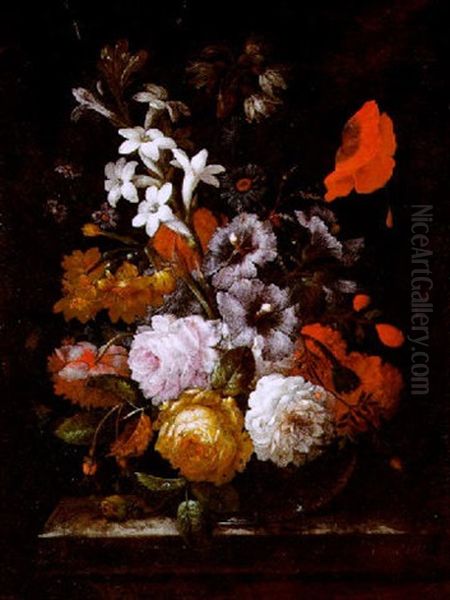 Blumenstraus Mit Rosen, Mohnblume Und Anderen Bluten In Einer Kugeligen Glasvase Auf Einer Steinplatte Oil Painting by Johann Baptist Halszel