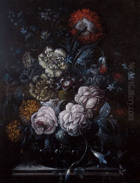 Vase De Fleurs - Roses, Primeveres, Pivoines, Oeillets Et Volubilis... Dans Un Vase Pose Sur Un Entablement Oil Painting by Johann Baptist Halszel