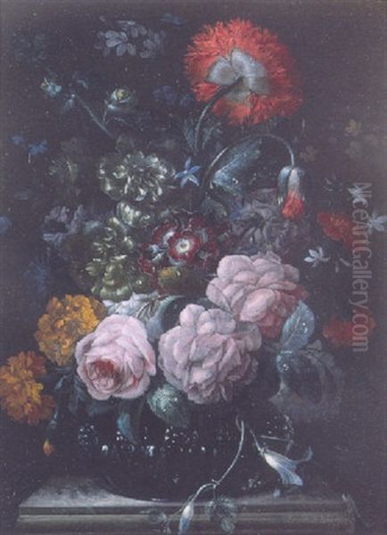 Roses, Asters, A Poppy, Convulvuli And Other Flowers In A Glass Vase On A Marble Ledge Oil Painting by Johann Baptist Halszel