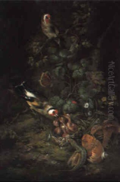 Goldfinches Feeding A Nest, With Lizards On A Forest Floor Oil Painting by Johann Baptist Halszel