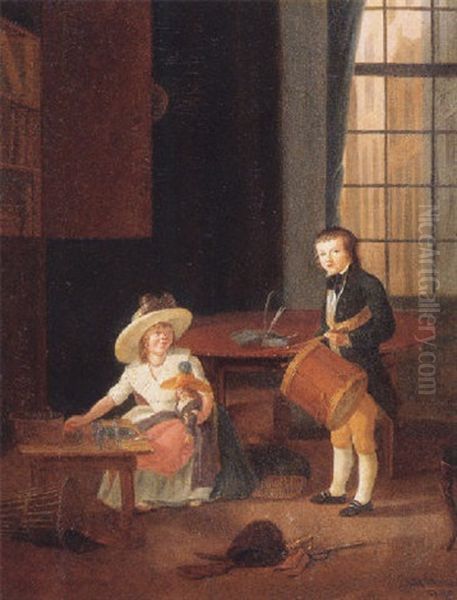 Portrait Of A Boy And A Girl In An Interior Oil Painting by Jean Baptiste Ham