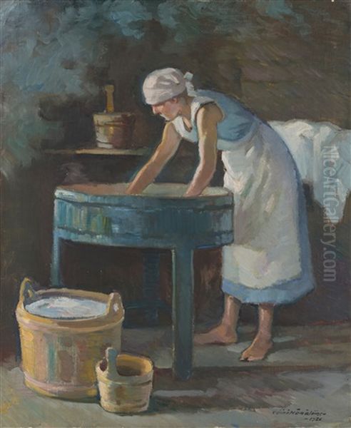 A Washer Woman Oil Painting by Vaeinoe Haemaelaeinen