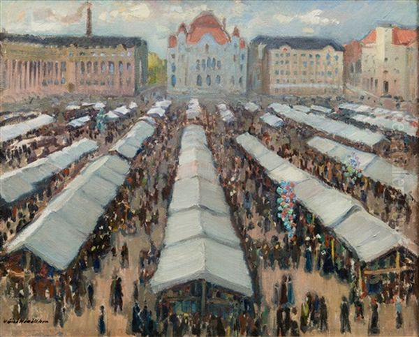 Fair By The Railway Square In Helsinki Oil Painting by Vaeinoe Haemaelaeinen