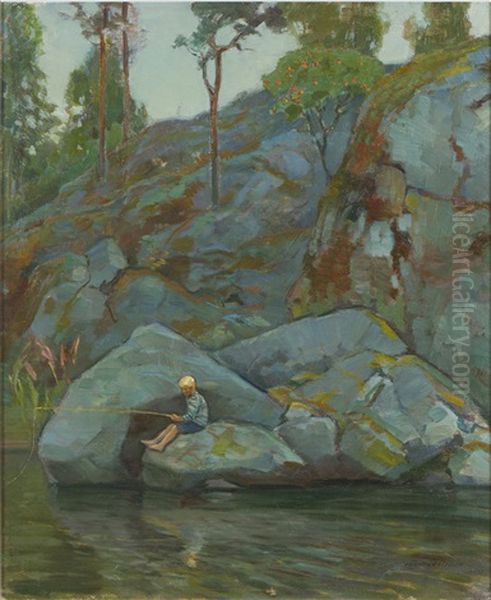 Fishing Oil Painting by Vaeinoe Haemaelaeinen