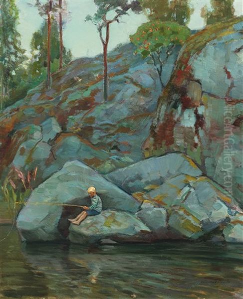 Angle Fishing Oil Painting by Vaeinoe Haemaelaeinen