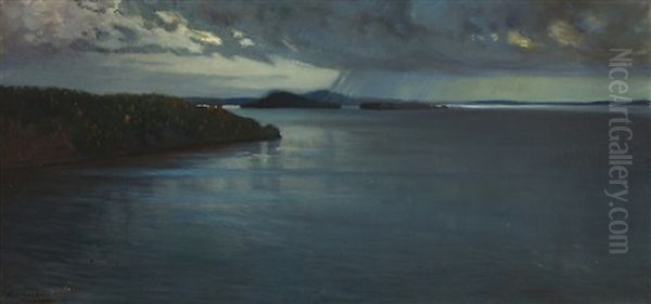 Hiidenselka On Lake Ladoga (rain Shower Over The Lake) Oil Painting by Vaeinoe Haemaelaeinen