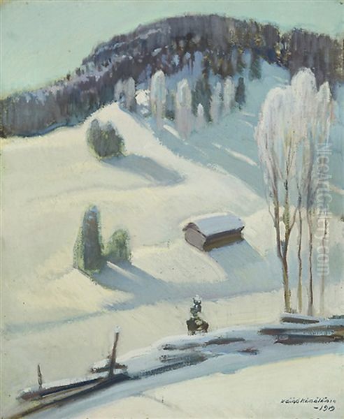 Winter In Karelia, Myllykyla Village Oil Painting by Vaeinoe Haemaelaeinen