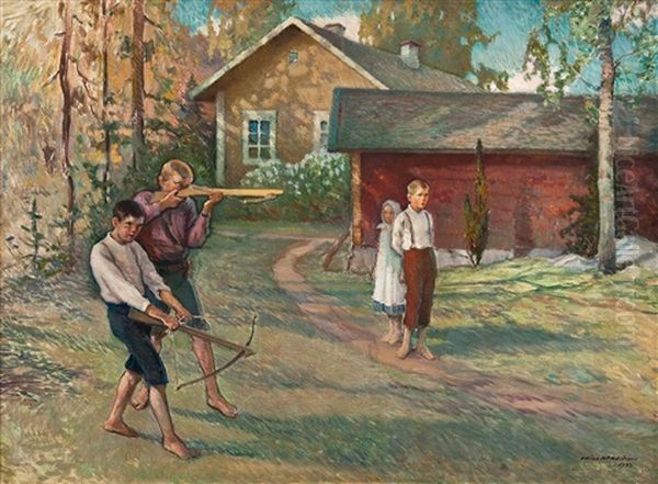 Boys At Play Oil Painting by Vaeinoe Haemaelaeinen