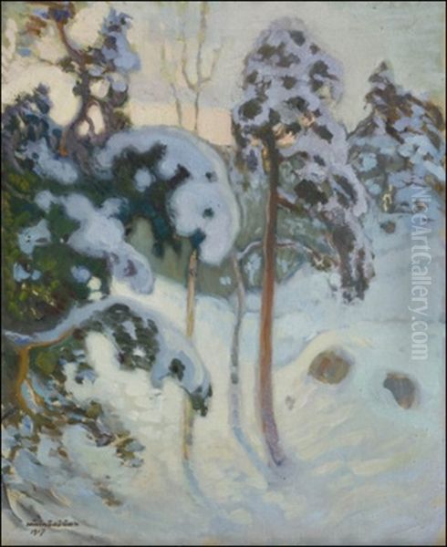 Talviaamu Oil Painting by Vaeinoe Haemaelaeinen