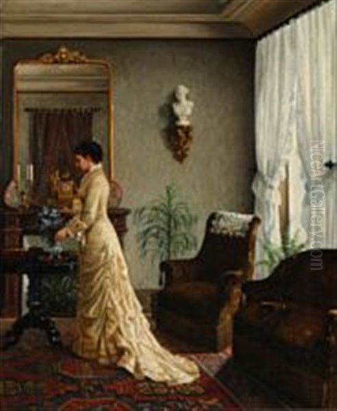 The Artist's Niece In Her Wedding Dress, Standing In The Artist's Home Oil Painting by Julie Caroline Hamann