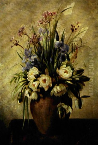 Opstilling Med Sommerblomster, Akander Og Iris I Vase Oil Painting by Julie Caroline Hamann